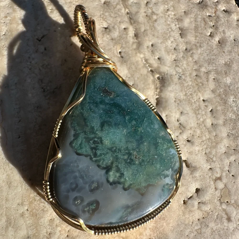 Tarnish Resistant Gold Grounding Copper Moss Agate Necklace Pendant